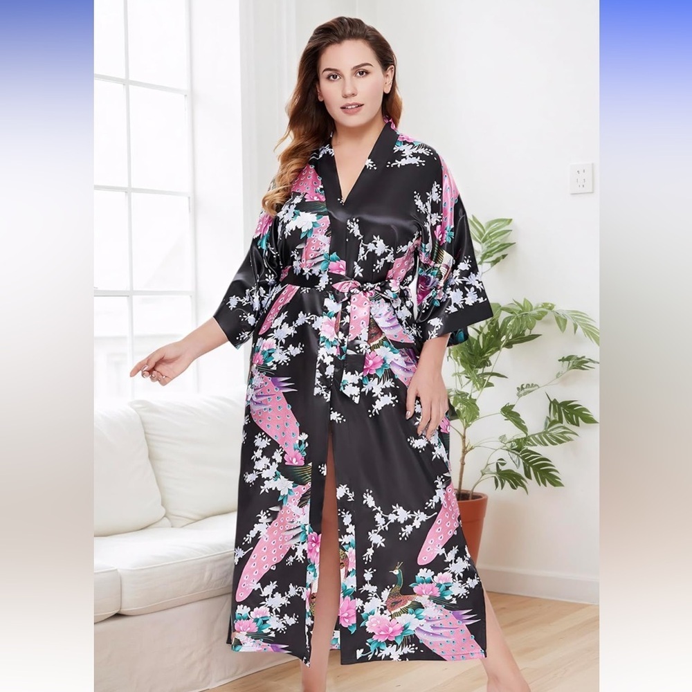 Babeyond Black Floral Peacock Maxi Long Kimono Robe with Tie One Size